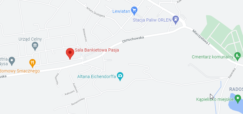 Mapa dojazdu do Sali Bankietowej Pasja, ul. Otmuchowska 44A w Nysie